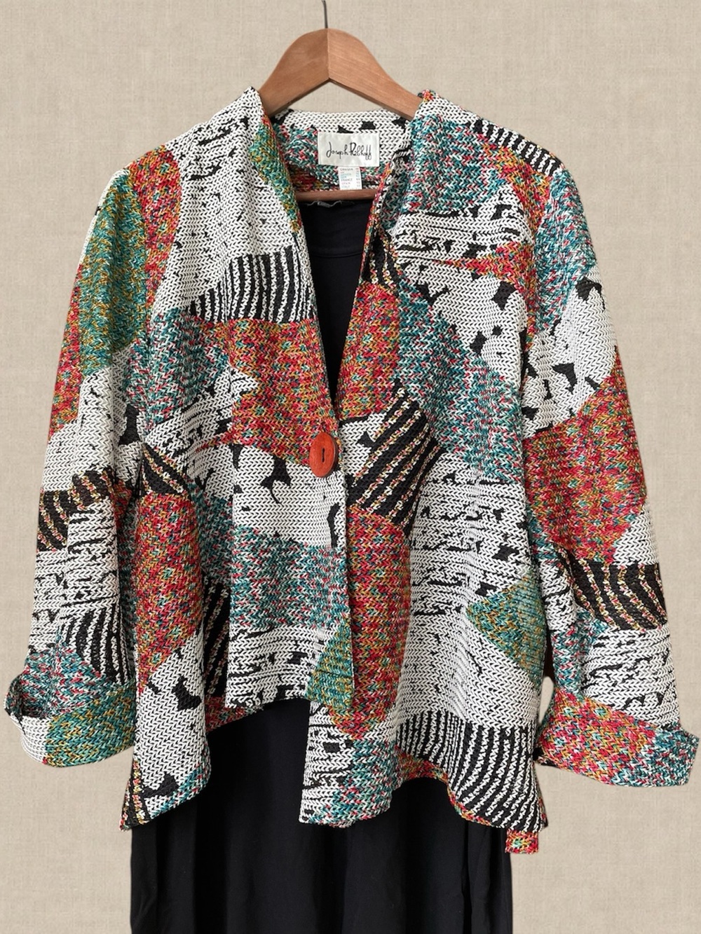 Joseph Ribkoff Asymmetric Jacket Sz 14 Abstract Open Knit Jacquard Art to Wear